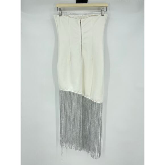 superdown | NWT Cleo Strapless Dress in White Ponte Silver Fringe Tube Mini M - Picture 4 of 15